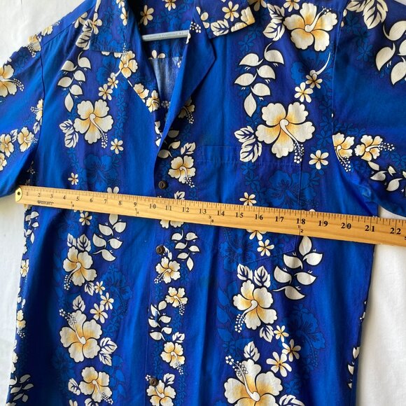 Vtg Pacific Legend Classic Hibiscus Aloha Hawaiian Shirt Navy Blue Size M Mens - Picture 13 of 14